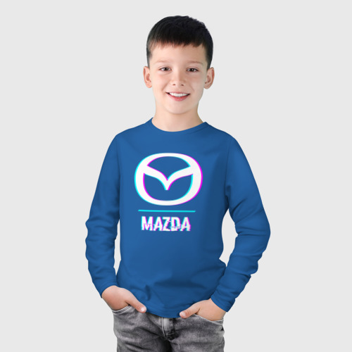 Детский лонгслив хлопок Значок Mazda в стиле glitch, цвет синий - фото 3