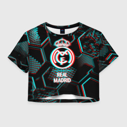 Женская футболка Crop-top 3D Real Madrid FC в стиле glitch на темном фоне