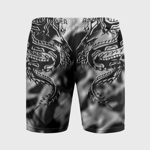 Мужские шорты спортивные с принтом Оттенки серого черные трайбл драконы татуировка, вид сзади #1
