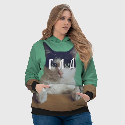 Женская толстовка 3D с принтом Мем с котом - голод, фото #4