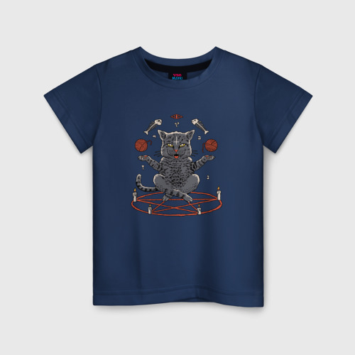 Детская футболка хлопок с принтом Кот в пентограмме, вид спереди #2