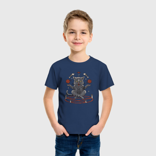 Детская футболка хлопок с принтом Кот в пентограмме, фото на моделе #1