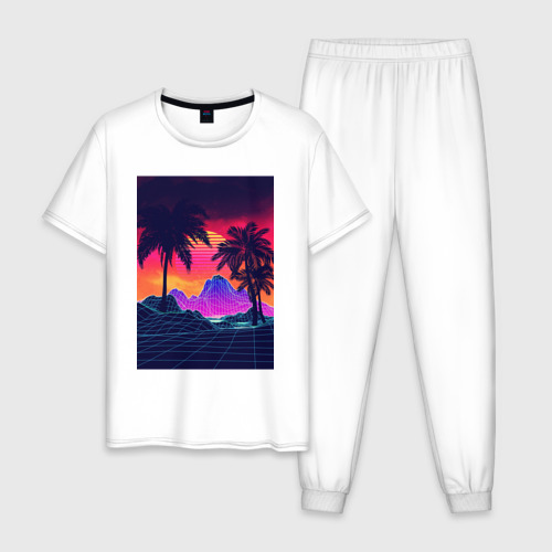 Мужская пижама хлопок с принтом Синтвейв пляж и пальмы, вид спереди #2