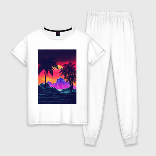 Женская пижама хлопок с принтом Синтвейв пляж и пальмы, вид спереди #2