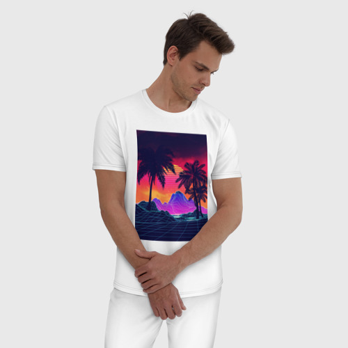 Мужская пижама хлопок с принтом Синтвейв пляж и пальмы, фото на моделе #1