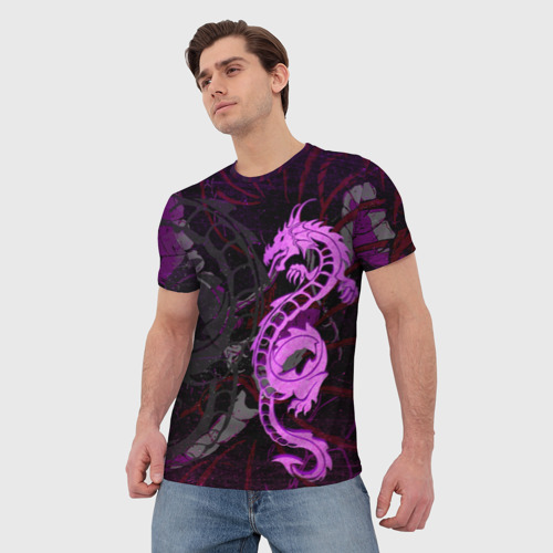 Мужская футболка 3D с принтом Неоновый дракон purple dragon, фото на моделе #1