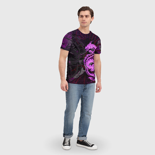 Мужская футболка 3D с принтом Неоновый дракон purple dragon, вид сбоку #3