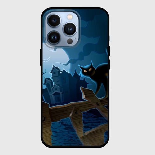 Чехол для iPhone 13 Pro с принтом Хэллоуин - чёрный кот на заборе, вид спереди #2