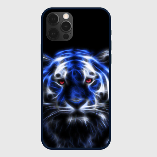 Чехол для iPhone 12 Pro с принтом Синий неоновый тигр, вид спереди #2