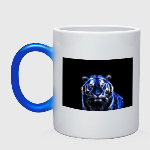Кружка хамелеон Синий неоновый тигр, цвет белый + синий