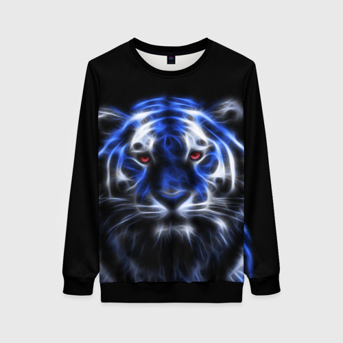 Женский свитшот 3D с принтом Синий неоновый тигр, вид спереди #2