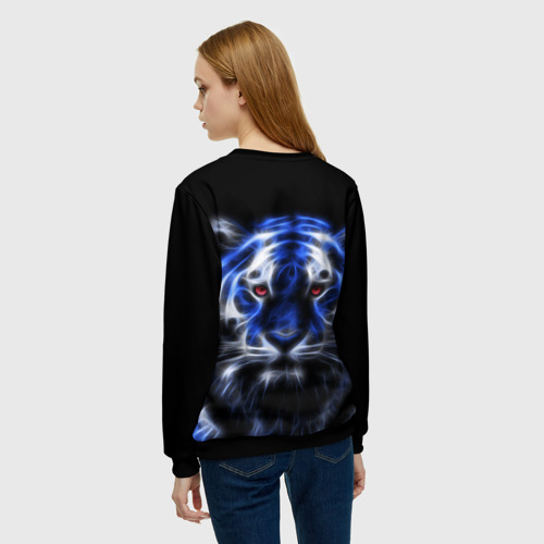 Женский свитшот 3D с принтом Синий неоновый тигр, вид сзади #2