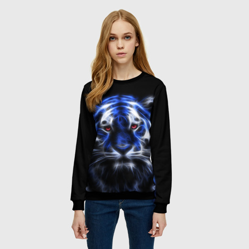 Женский свитшот 3D с принтом Синий неоновый тигр, фото на моделе #1