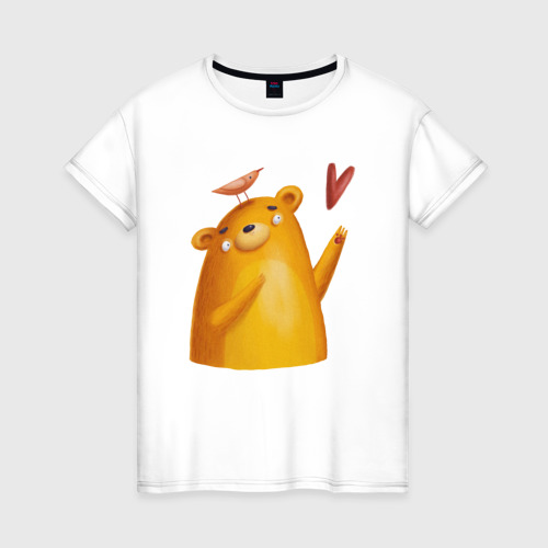 Женская футболка из хлопка с принтом Влюбленный мишка с птичкой, вид спереди №1