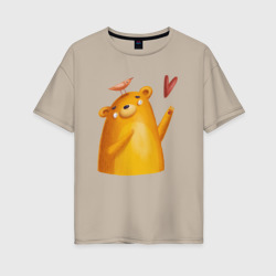 Женская футболка хлопок Oversize Влюбленный мишка с птичкой