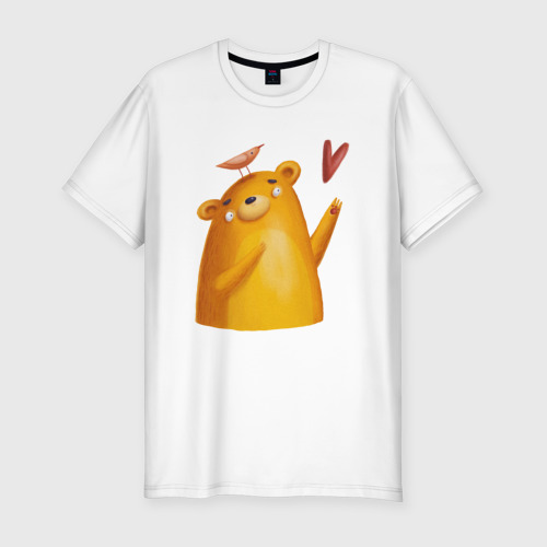 Мужская футболка хлопок Slim Влюбленный мишка с птичкой, цвет белый