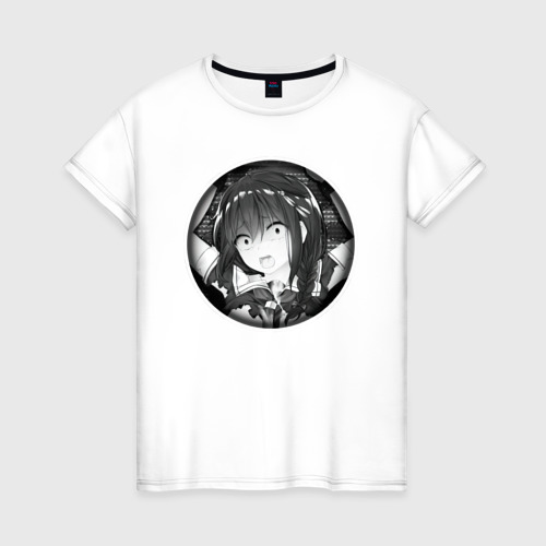 Женская футболка из хлопка с принтом Ахегао девушка в изумлении, вид спереди №1