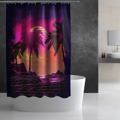 Штора 3D для ванной Пальмы и пляж в розовом закате ретро дизайн - фото 2
