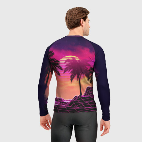 Мужской рашгард 3D Пальмы и пляж в розовом закате ретро дизайн, цвет 3D печать - фото 4