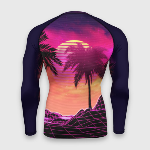 Мужской рашгард 3D Пальмы и пляж в розовом закате ретро дизайн, цвет 3D печать - фото 2