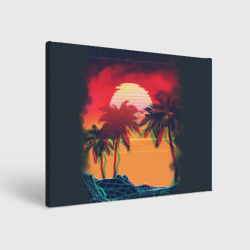 Холст прямоугольный Пальмы и пляж на закате с помехами VHS ретро дизайн 