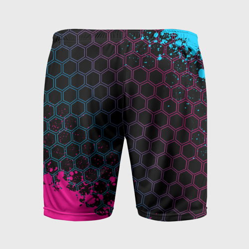 Мужские шорты спортивные с принтом PUBG - neon gradient: надпись, символ, вид сзади #1