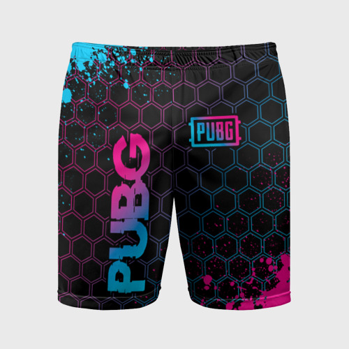 Мужские шорты спортивные с принтом PUBG - neon gradient: надпись, символ, вид спереди #2