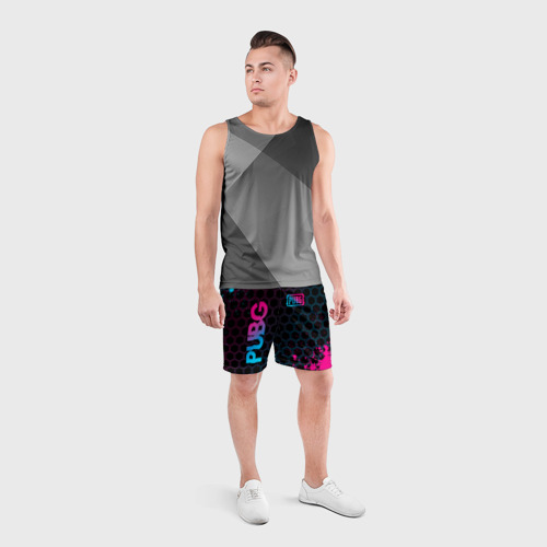 Мужские шорты спортивные с принтом PUBG - neon gradient: надпись, символ, вид сбоку #3