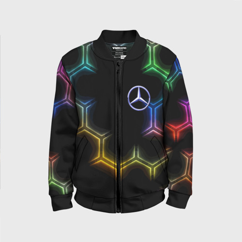 Детский бомбер 3D Mercedes - neon pattern, цвет черный