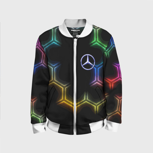 Детский бомбер 3D Mercedes - neon pattern, цвет белый