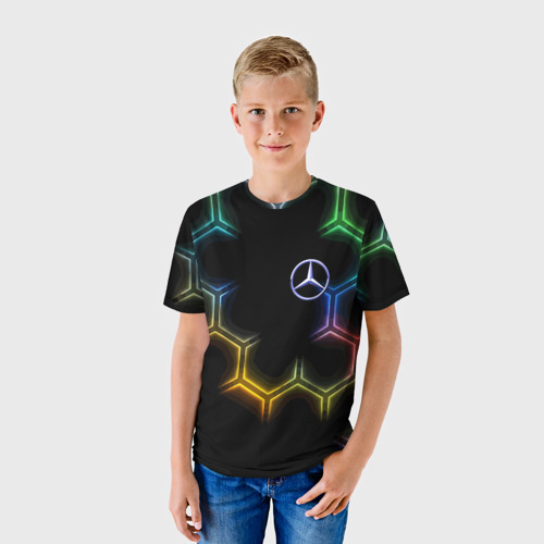 Детская футболка 3D Mercedes - neon pattern, цвет 3D печать - фото 3