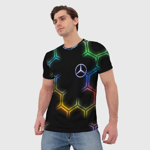 Мужская футболка 3D Mercedes - neon pattern, цвет 3D печать - фото 3