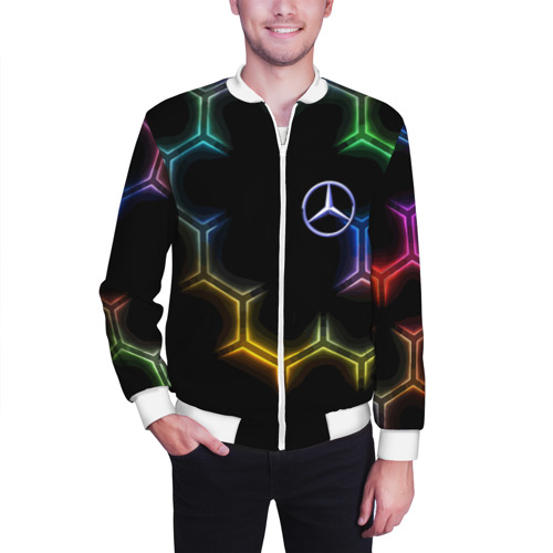 Мужской бомбер 3D Mercedes - neon pattern, цвет белый - фото 3