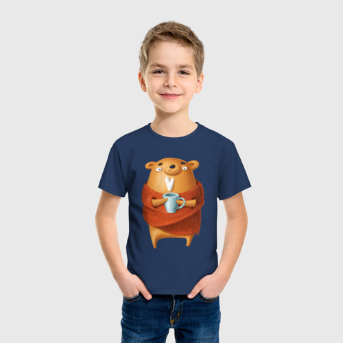 Детская футболка хлопок с принтом Медвежонок с кофе, фото на моделе #1