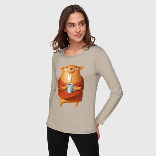 Женский лонгслив хлопок Медвежонок с кофе, цвет миндальный - фото 3