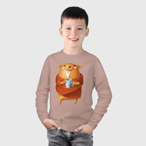 Детский лонгслив хлопок с принтом Медвежонок с кофе, фото на моделе #1