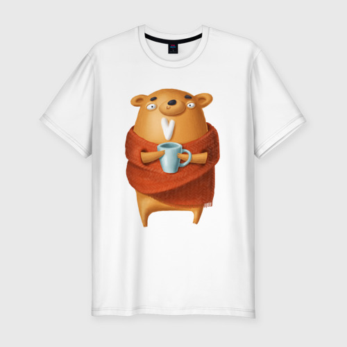 Мужская футболка хлопок Slim с принтом Медвежонок с кофе, вид спереди #2