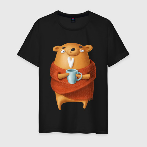Мужская футболка хлопок с принтом Медвежонок с кофе, вид спереди #2