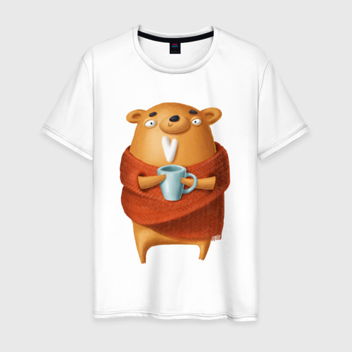Мужская футболка из хлопка с принтом Медвежонок с кофе, вид спереди №1