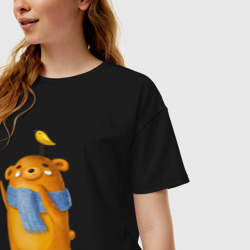 Женская футболка хлопок Oversize Медведь с птичкой - фото 2