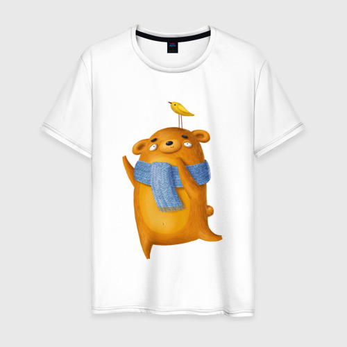 Мужская футболка хлопок Медведь с птичкой, цвет белый