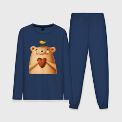 Мужская пижама с лонгсливом хлопок Медвежонок с птичкой и сердечком