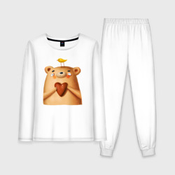 Женская пижама с лонгсливом хлопок Медвежонок с птичкой и сердечком