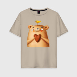 Женская футболка хлопок Oversize Медвежонок с птичкой и сердечком