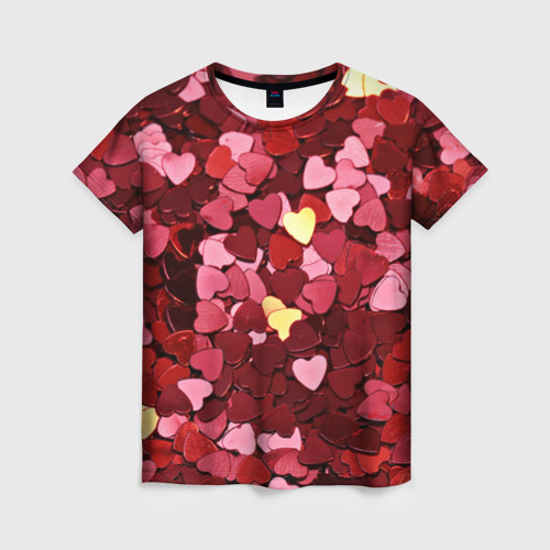 Женская футболка 3D с принтом Куча разноцветных сердечек, вид спереди #2