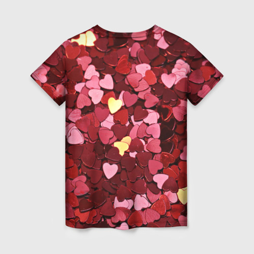 Женская футболка 3D с принтом Куча разноцветных сердечек, вид сзади #1