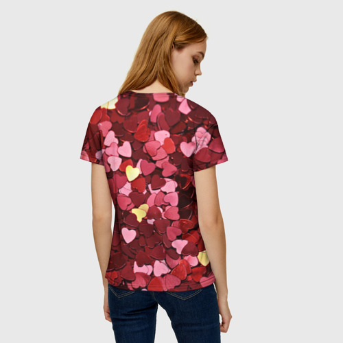 Женская футболка 3D с принтом Куча разноцветных сердечек, вид сзади #2