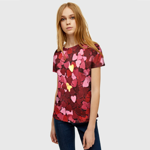 Женская футболка 3D с принтом Куча разноцветных сердечек, фото на моделе #1