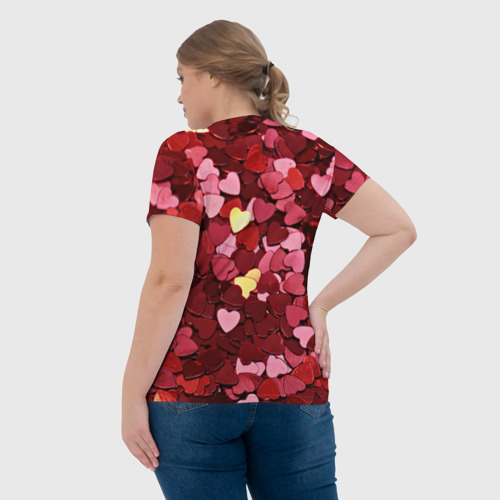 Женская футболка 3D с принтом Куча разноцветных сердечек, вид сзади #2
