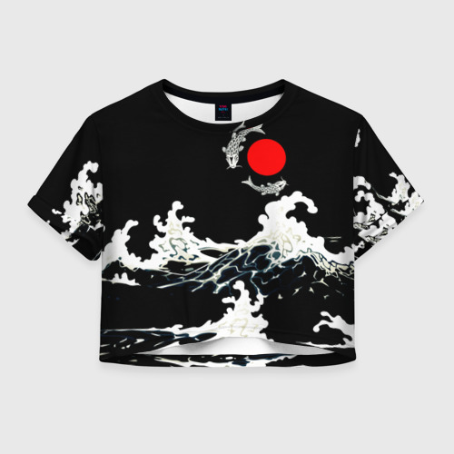 Женская футболка Crop-top с принтом Волны и рыбки, вид спереди №1